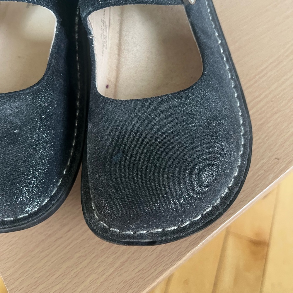 Alegria Black Suede Mary Jane Clogs with purple shimmer (38) - Picture 13 of 14